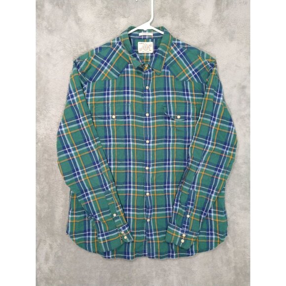 Lucky Brand Shirt Mens Large Green Plaid Linen Blend Classic Fit Pearl Snap - Picture 1 of 10